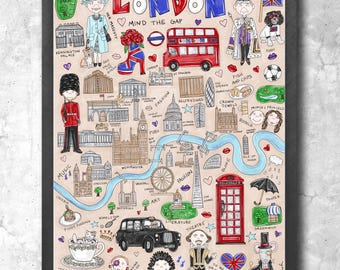 London England Map Art Print | Whimsical Illustration with Gold Glitter 8x10