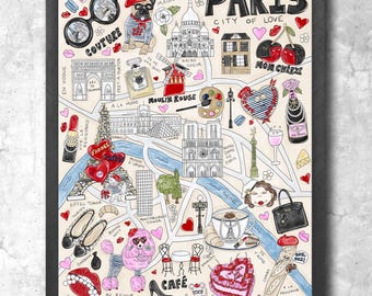Paris France Map Art Print | Whimsical Illustration with Silver Glitter 8x10