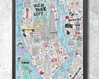 Manhattan New York City Map Art Print | Whimsical Illustration with Silver Glitter 8x10