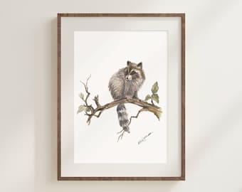 Handgeschilderde wasbeer Fine Art Print – neutraal, minimaal, eenvoudige aquarelschets