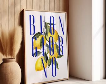 Buongiorno Citroen Poster | Italiaanse Citroen Muurdecoratie | Blauw-witte Poster | Mediterrane Print | Digitale Download | Keuken- & Woonkamerdecoratie