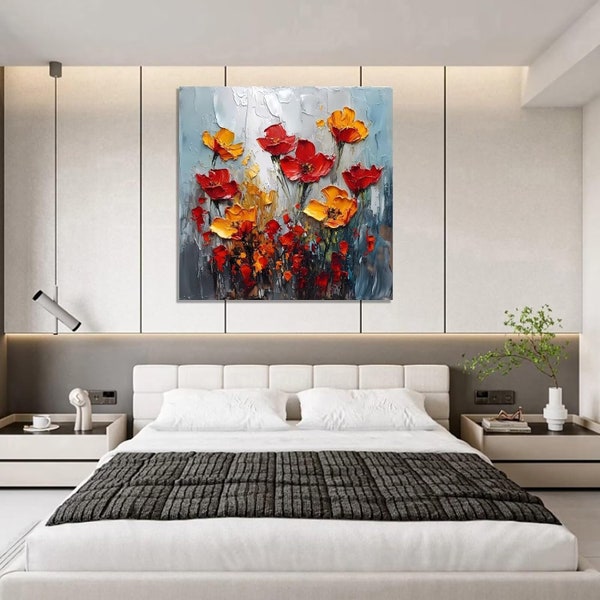 Red Flower Wall Art Wood Inner Frame Wall Art Paintings Printed Picture Canvas Painting for Home Kitchen Wall Decor Artwork Yellow Flower