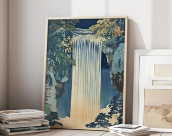 Ukiyo-e Wall Art / Hokusai style / Waterfall / Japanese Art /  Green and blue / Japandi Interior / Digital Printable Art