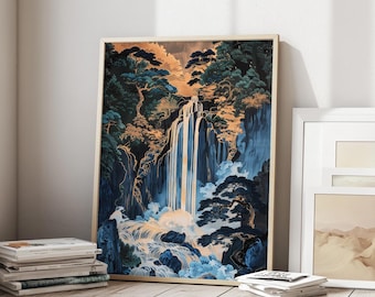 Ukiyo-e Wall Art / Hokusai style / Waterfall / Japanese Art /  Gold and blue / Japandi Interior / Digital Printable Art