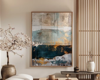 Wabi Sabi Wall Art / Japandi design / Minimalist Painting / Beige, Blue and Gold Abstract Art / Modern Wall Decor / Digital Printable Art