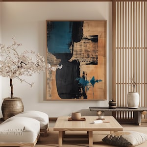 Wabi Sabi Wall Art / Japandi design / Minimalist Painting / Beige, Blue and Gold Abstract Art / Modern Wall Decor / Digital Printable Art