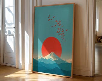 Blue japandi wall art. Digital printable, wabi sabi mount fuji decor.