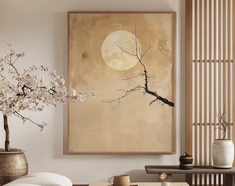 Beige natural japandi abstract wall art. Digital printable, modern wabi sabi decor with tree and moon.