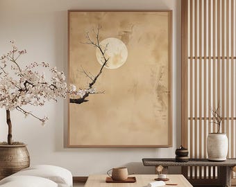 Beige natural japandi abstract wall art. Digital printable, modern wabi sabi decor with tree and moon.