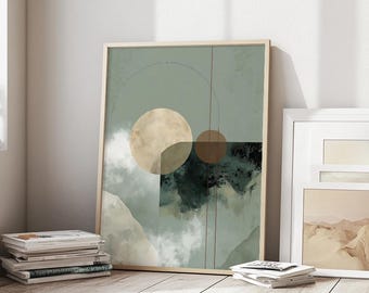 Green and beige japandi abstract wall art. Digital printable, modern wabi sabi decor.
