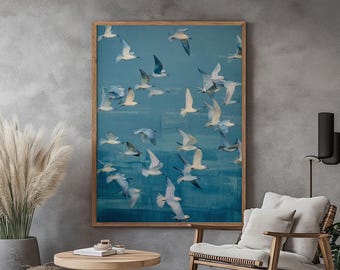 Blue japandi abstract wall art. Digital printable, modern coastal wabi sabi decor with birds.