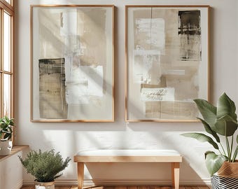 Beige, abstract, wabi sabi wall art. Digital printable two piece, japandi, modern decor.