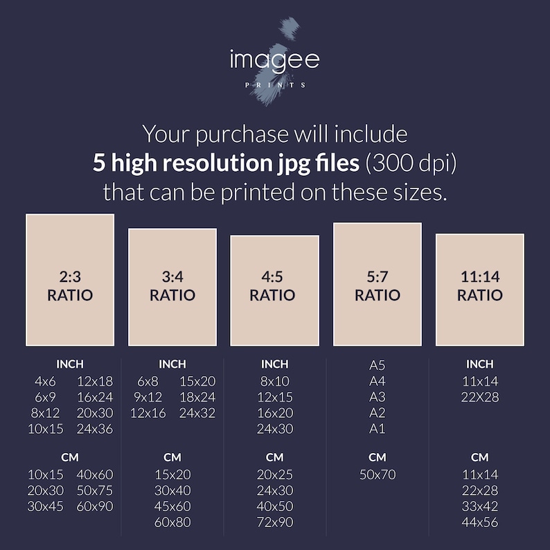 May include: A graphic with print size options in inches and centimeters. The image includes ratios such as 2:3, 3:4, 4:5, 5:7, and 11:14, with corresponding inch sizes like 4x6, 8x10, and 11x14, and cm sizes like 10x15, 20x25, and 22x28.