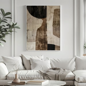 K&ouml;nnte beinhalten: Abstrakter Kunstdruck mit braunen, schwarzen und wei&szlig;en geometrischen Formen auf einem strukturierten Hintergrund.