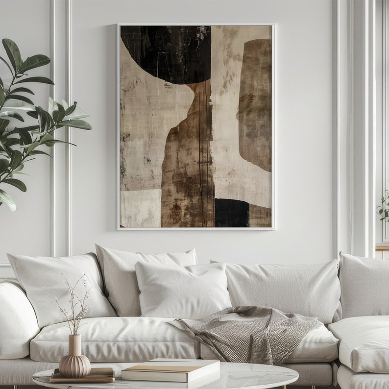 K&ouml;nnte beinhalten: Abstrakter Kunstdruck mit braunen, schwarzen und wei&szlig;en geometrischen Formen auf einem strukturierten Hintergrund.
