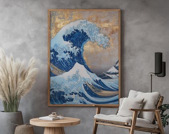 Ukiyo-e Wall Art / Hokusai style / The Great Wave / Japanese Art /  Gold and blue / Japandi Interior / Digital Printable Art