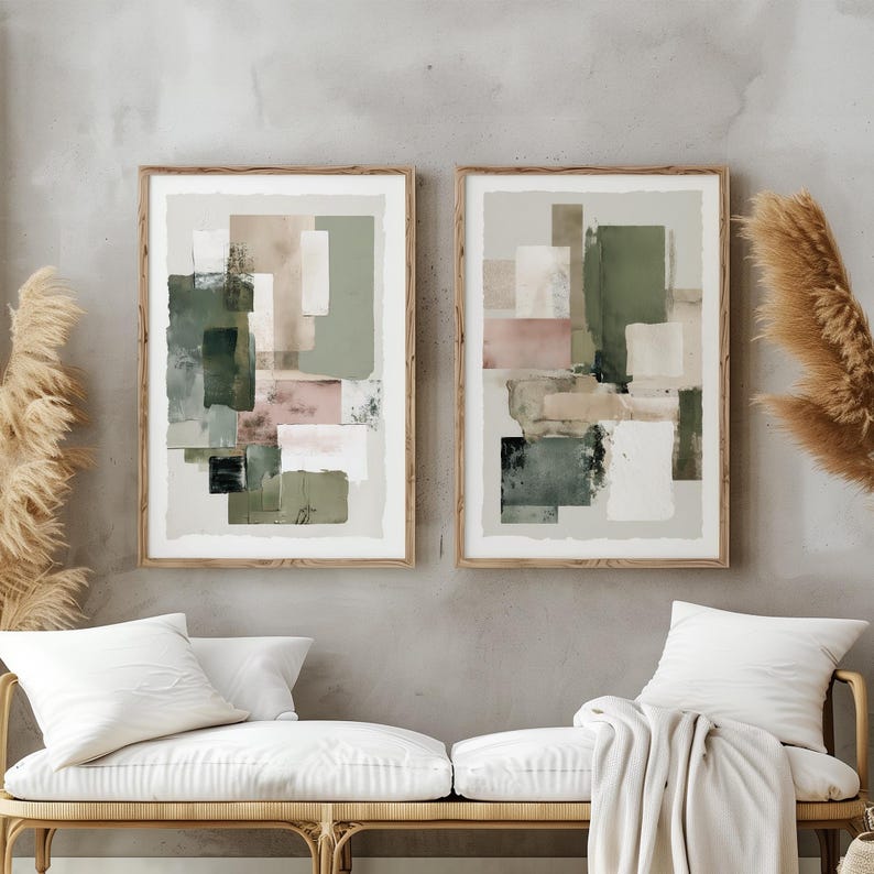 Wabi Sabi Abstract Wall Art / Japandi Design / Set of 2 Art/ Green Wall ...