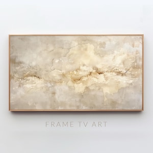 May include: Abstract painting in shades of beige and brown with a textured, layered effect. The painting is framed in a light wood frame.