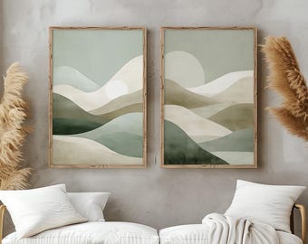Green and beige wabi sabi abstract wall art. Digital printable, two piece japandi decor.