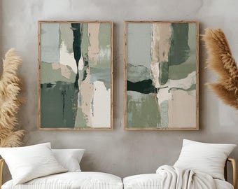 Green and beige japandi, abstract wall art. Digital printable, two piece wabi sabi decor.