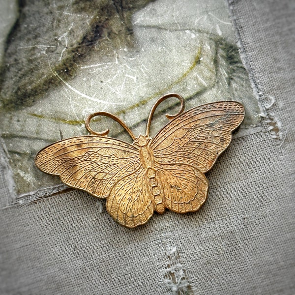 M112 1 Piece Large 65mm Vintage Natural Aged Patina Rustic Solid Brass Butterfly Stamping
