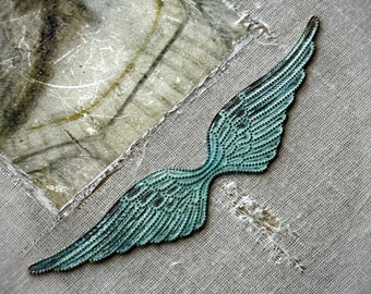 M108 XL Green Patina Rustic Solid Brass  Angel Wings Stamping