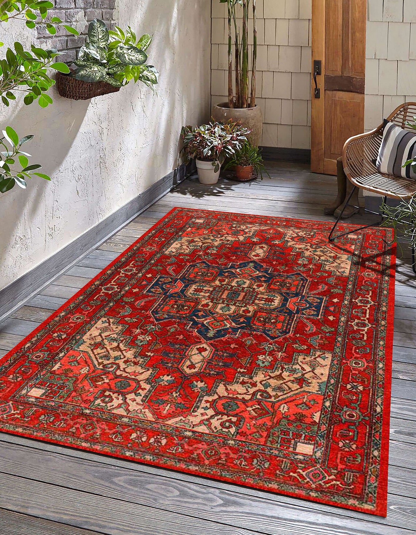 Customized Vintage Style Red Rug, Rugs for Living Room, Washable Rug ...