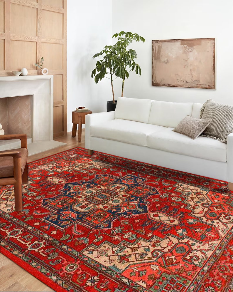 Customized Vintage Style Red Rug, Rugs for Living Room, Washable Rug ...