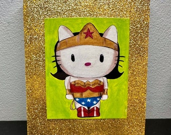 Wonder Woman Hello Kitty Print on Wood Block