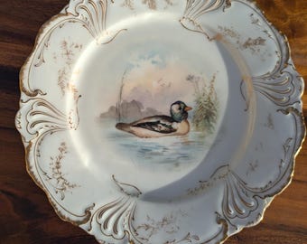 Duck Motif Tressemann and Vogt Florence France Porcelain Decorative Plate 9.5 inches/19th Century 1890s/Water Fowl Decorative Decor