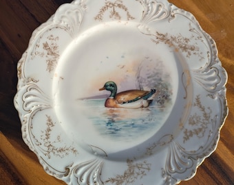 Mallard Duck Motif Tressemann and Vogt Florence France Porcelain Decorative Plate 9.5 inches/19th Century 1890s/Water Fowl Decorative Decor