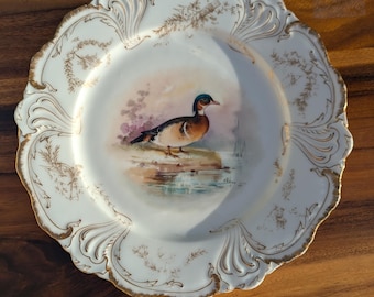 Wood Duck Motif Tressemann and Vogt Florence France Porcelain Decorative Plate 9.5 inches/19th Century 1890s/Water Fowl Decorative Decor