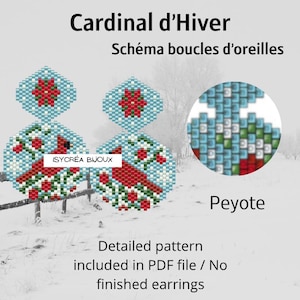 May include: A digital pattern for beaded earrings. The design features a red cardinal bird, red berries, and green leaves on a light blue background. The text "Cardinal d'Hiver" and "Schéma boucles d'oreilles" are at the top. The word "Peyote" is also visible.