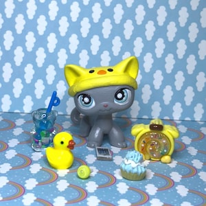 Littlest Pet Shop Custom Cute Duck Hat Shorthaired Cat Kitty OOAK LPS with accessories
