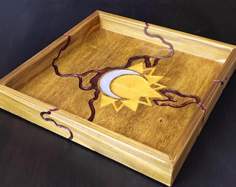 Wooden Dice Tray, Handmade Gift for Gamer, Sun and Moon Celestial Motif