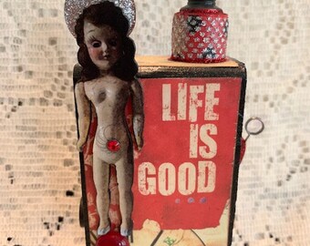 LIFE is GOOD Block Assemblage, Collage Block, Mixed Media Block Decor