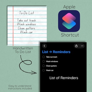 Puede incluir: Imagen con una lista de tareas manuscrita, un icono de acceso directo de Apple y una lista digital de recordatorios. La lista manuscrita incluye tareas como sacar la basura y lavar el coche. La imagen también incluye el texto "Instrucciones fáciles de entender incluidas."