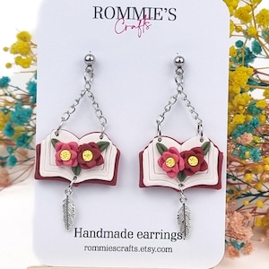 Book Earrings – Handmade Polymer Clay Floral Dangles with Feather Charm, 3x6 cm
