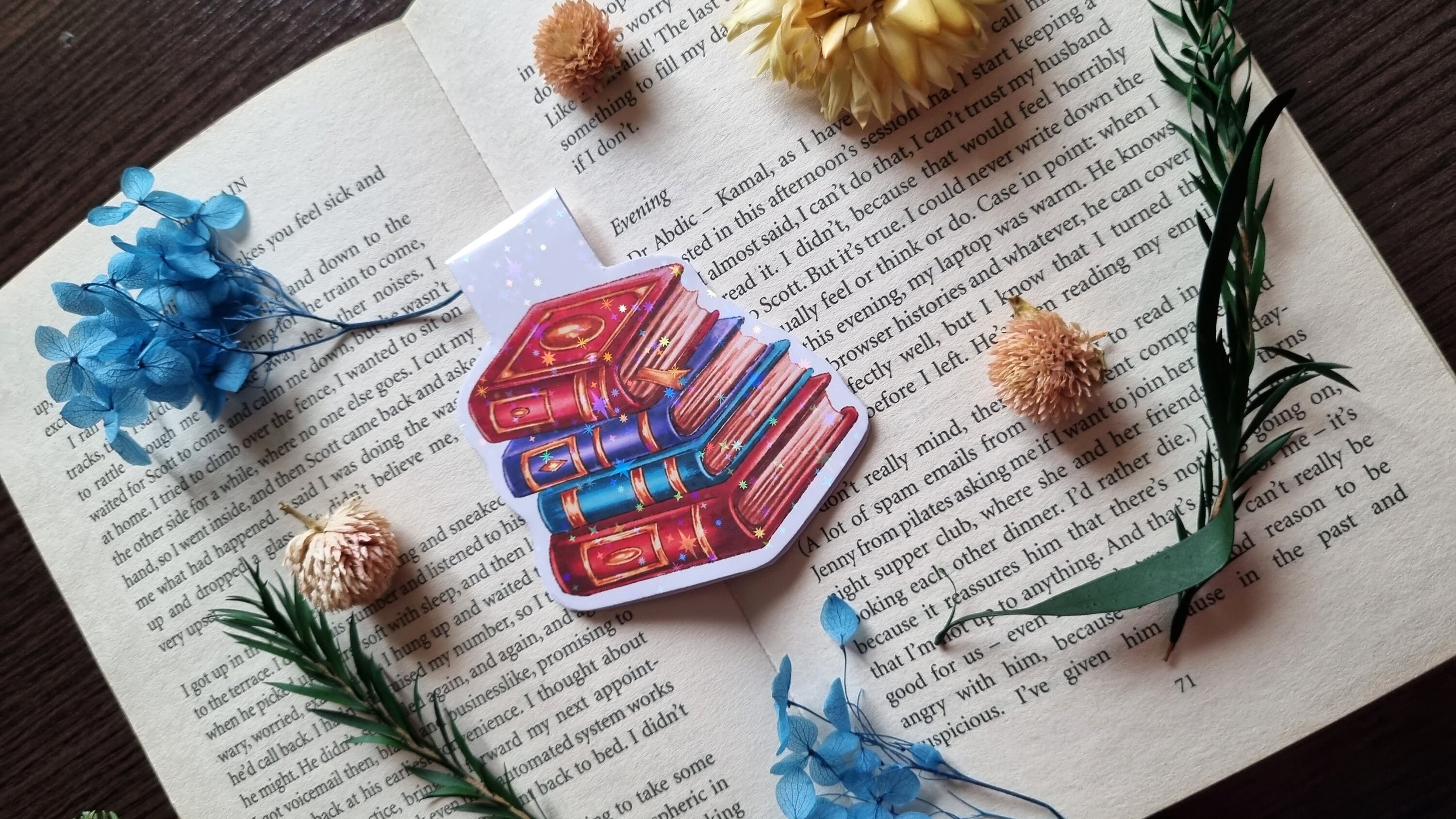Handmade Magnetic Bookmark, Vintage Book Stack, Sparkly Holo