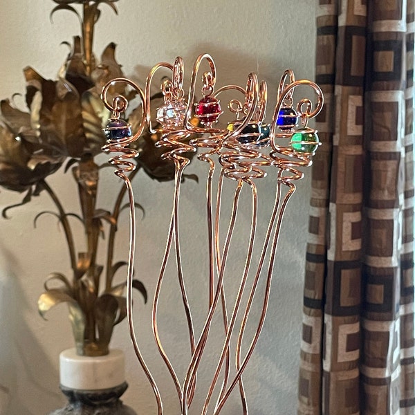 Solid Copper and Glass  Electroculture  Suncatcher Plant Stake 19" Tall Handcrafted Metalwork