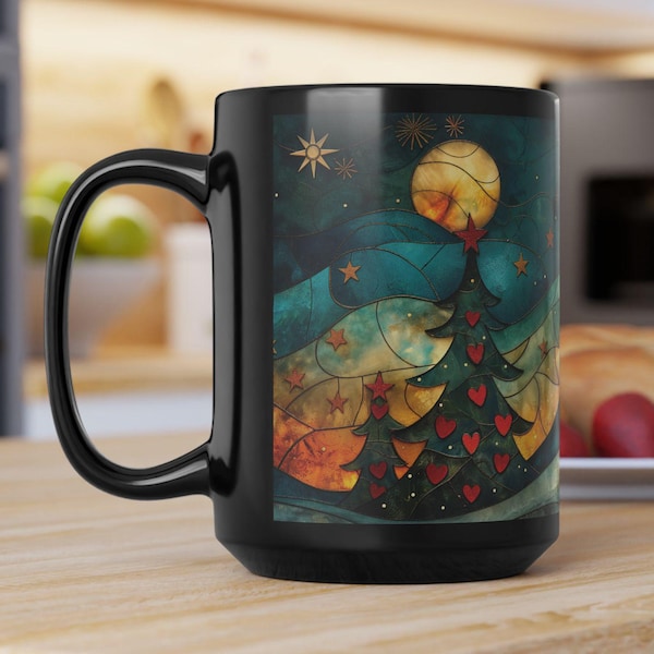 Stained Glass Christmas Tree Mug - Holiday Coffee Cup - Festive Winter Decor