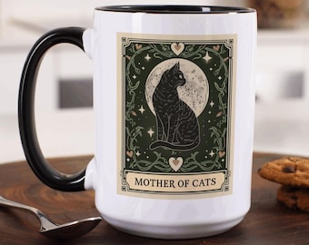 Mother of Cats Tarot Coffee Cup, Cat Themed Witchy Moon Gothic Theme Decor, Cute Cat Mom Birthday Gift Tarot Card Stocking Stuffer Cat Mug
