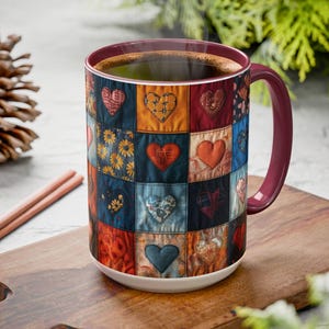 Patchwork Heart Coffee Mug, Quilted Style Farmhouse Decor