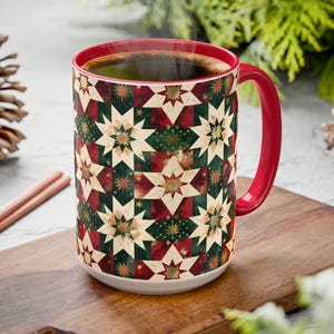 Christmas Quilt Mug Holiday Coffee Cup Quilter Patchwork Star Mug Gift for Teacher Secret Santa Hostess Craft Night Quilting Club