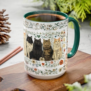 Vintage Botanical Cat Mug, Floral Cottagecore Coffee Cup