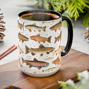 Trout Fishing Mug Angler Coffee Cup Gift for Outdoorsman Fisherman Nature Lover Cabin Decor Lake House Host Camping Hiking Stocking Stuffer