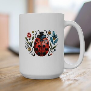 Spring Ladybug and Floral Mug, Nature Lover Mug, Birthday Present Mug, Flower Coffee Cup Gardeners Gift, Good Luck Mug, Daughter Mug Gift