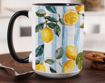 Lemon Summer Mug, Watercolor Fruit Coffee Cup, Amalfi Decor