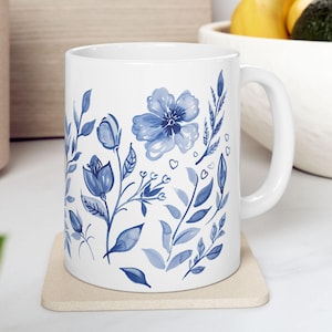 Blue And White Botanical Floral Heart Mug, Elegant Gift for Mother's Day, Birthday, Anniversary, Teacher, Friend, Blue Nature Mug Gift
