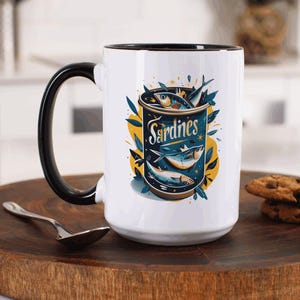 Sardine Tin Ceramic Mug, Coastal Kitchen Decor Gift, Beach House Coffee Cup, Fisherman Tea Cup, Foodie Gift, Mediterranean Charm Kitchenware
